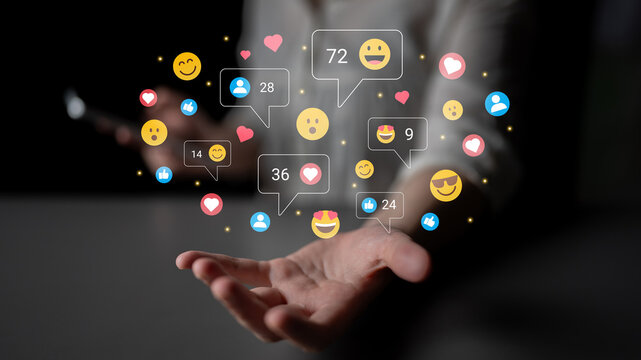 A vibrant illustration depicting social media engagement through floating icons, showcasing interaction and connection in a modern digital landscape, emphasizing user experience and feedback. Ledger