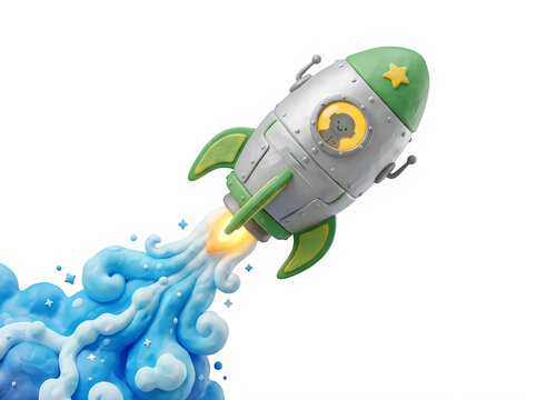 Cartoon rocket ship with chimpanzee astronaut blasting off with swirling blue and white exhaust isolated on transparent background
