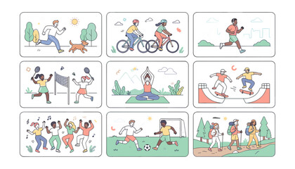 Obraz premium Sports Activity Icon Set with People Running, Cycling, Playing Games, Dancing, Hiking, Skating, and Doing Yoga