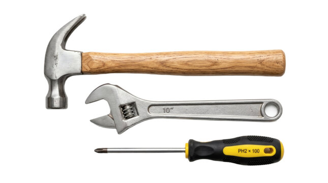 Assorted manual construction tools including claw hammer adjustable wrench and phillips head screwdriver isolated with collection three professional