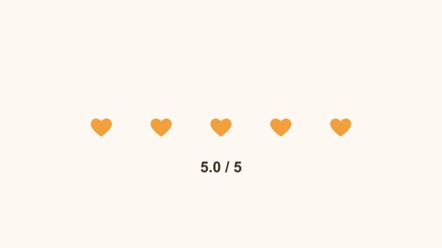 animated five heart rating filling up, warm color scheme
