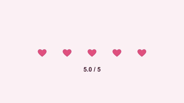 animated five heart rating filling up, rose pink color scheme