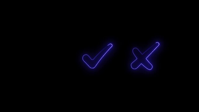 Minimal neon Check Mark and Cross Icon in Circle on Black Background. Neon icon animation. right and wrong animated neon icons, False and true. accept and reject. black 4k video