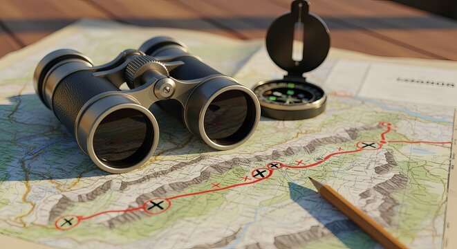 Binoculars sit atop a detailed topographic map next to a brass compass and a pencil on a wooden desk surface.
