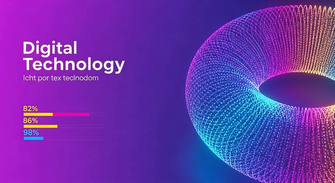 Abstract digital torus shape with glowing neon lights and data bars