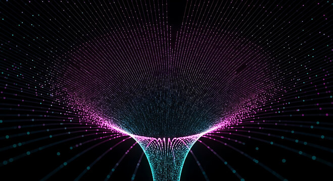 Abstract funnel of glowing pink and teal particles on black background light