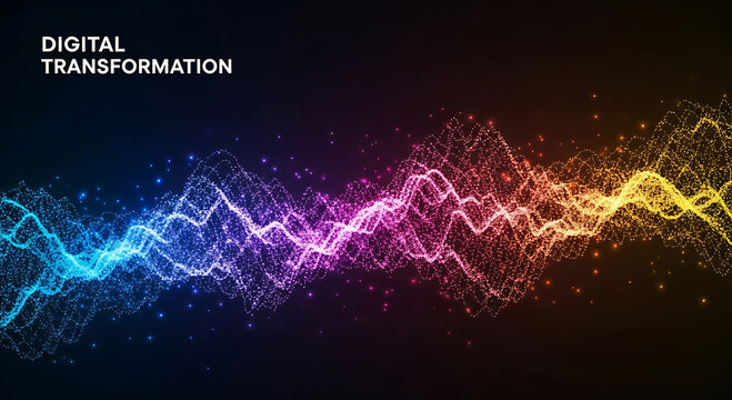 Abstract digital wave of colorful particles on dark background energy light
