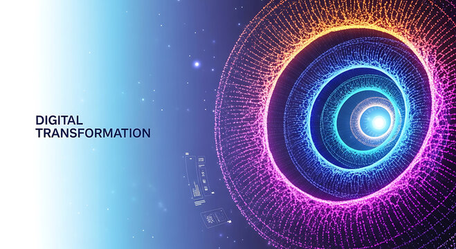 Abstract glowing digital tunnel with text d i g i t a l t r a n s f o r m a t i o n transformation