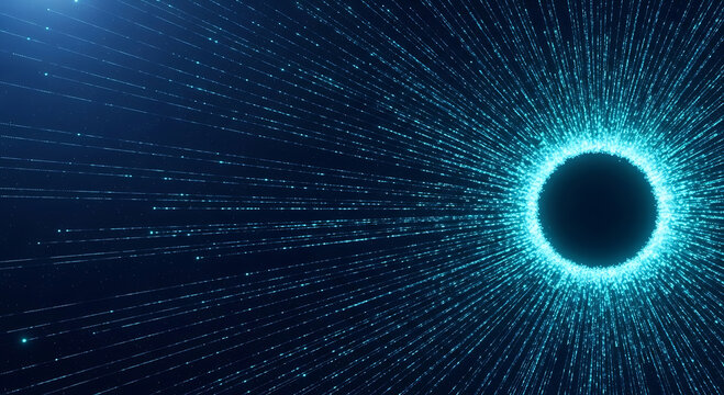 Blue light particles radiating from a dark circular void on a dark background abstract glowing