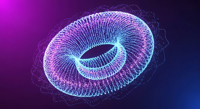 Glowing blue and pink particle torus shape with swirling energy on dark background abstract
