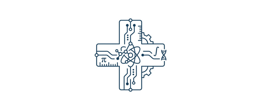 STEM Education and Medical Science Vector Icon Featuring Atom DNA and Technology Symbols in a Cross