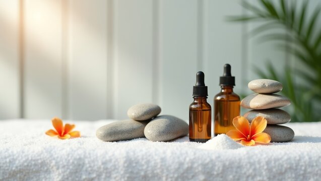 Bright spa arrangement of dropper bottles, balanced stones and tropical blooms. Ideal for salon menus, aromatherapy product pages and wellness retreat advertising.