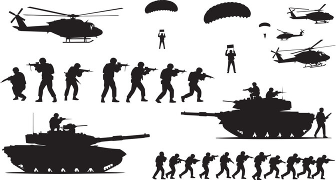 Military silhouettes with soldiers helicopters tanks and paratroopers during combat operations