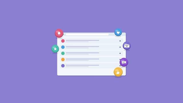 notification list in a browser window with alerts and 3D icons, violet color scheme