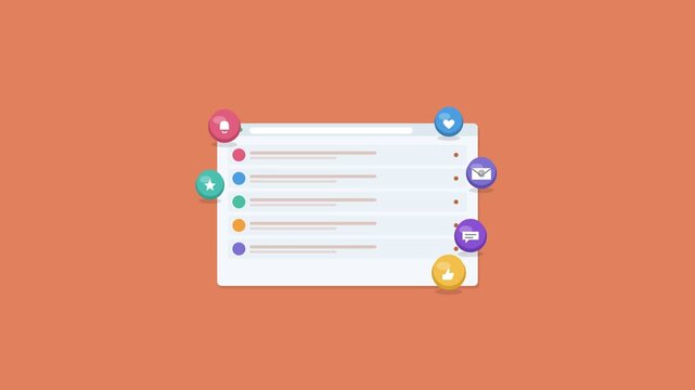 notification list in a browser window with alerts and 3D icons, coral color scheme