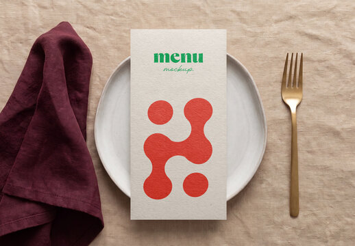 Restaurant Menu Mockup on Ceramic Plate with Gold Fork and Linen Napkin