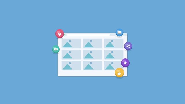 photo gallery grid in a browser window with floating 3D icons, sky blue color scheme