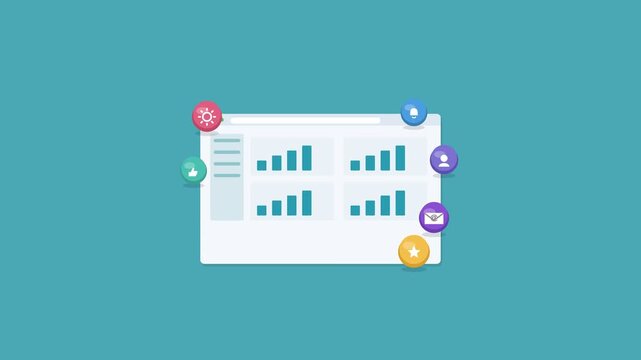 web app dashboard in a browser window with charts and 3D icons, teal color scheme