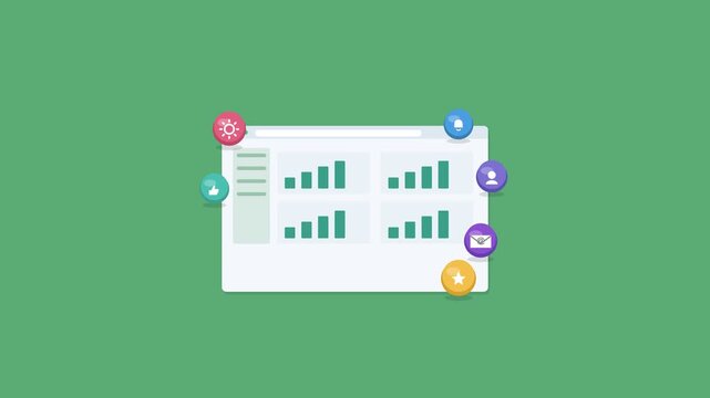 web app dashboard in a browser window with charts and 3D icons, green color scheme