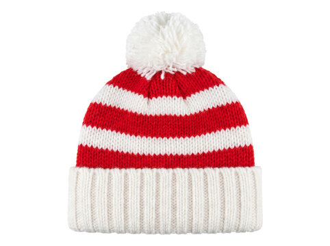 Red and White Striped Knit Hat with Pom Pom