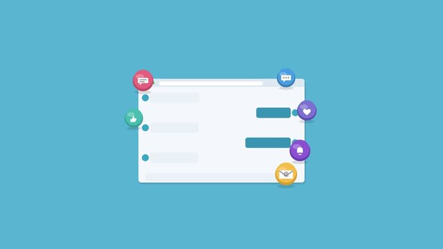 chat messenger app in a browser window with message bubbles and 3D icons, cyan color scheme