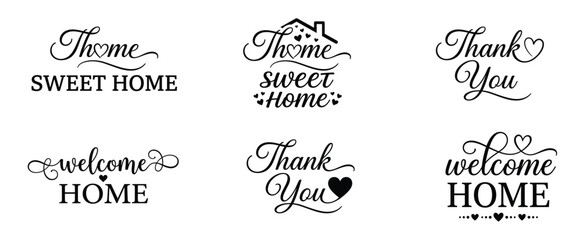 A collection of hand drawn lettering designs featuring phrases like home sweet home thank you and welcome home for home decor © LailaArtworks