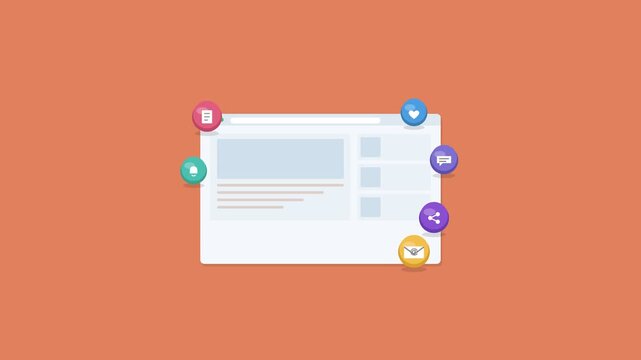 blog article layout in a browser window with floating 3D icons, coral color scheme