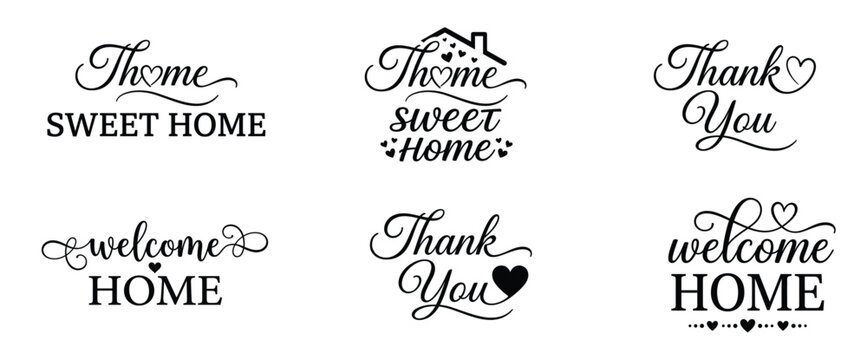 A collection of hand drawn lettering designs featuring phrases like home sweet home thank you and welcome home for home decor