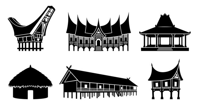 Traditional Indonesian Houses Vector Icon Set Featuring Rumah Adat Architecture from Various Regions of Indonesia