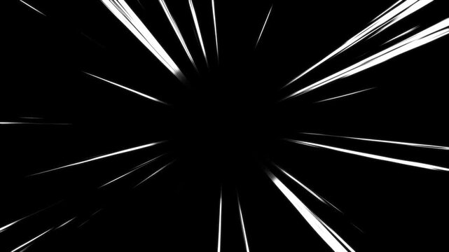 Bright anime speed lines animation on black background, manga style speed velocity line flash action overlay motion scenes, moving zoom comic speed line, manga speed line motion 4K video animation.