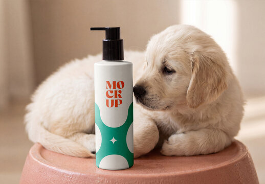 Pump Bottle Mockup with Golden Retriever Puppy for Pet Care Branding
