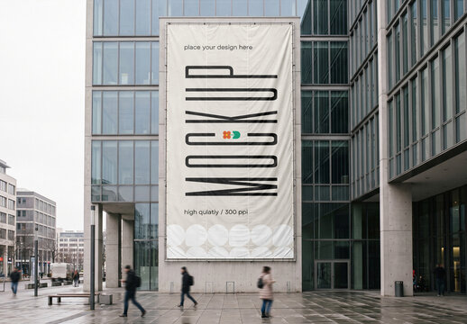 Large Banner Mockup on Modern Glass Office Building Facade