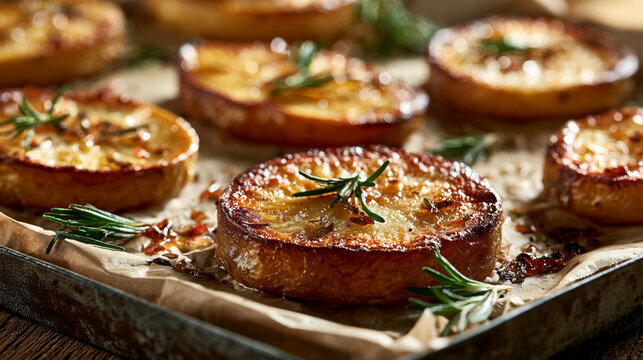 Roasted potato slices with rosemary on a baking sheet