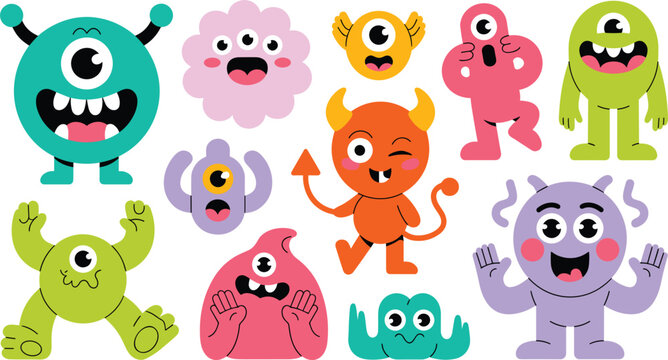 Cute Cartoon Monster and Devil Vector Character Set Featuring Colorful Friendly Creatures with Multiple Eyes Horns and Funny Expressions for Kids Graphic Designs
