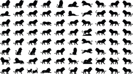 Fototapeta premium Lion Silhouette and Wild Safari Animal Glyph Icon Set with Running, Hunting, Prowling, and Standing Predator Symbols for Logos, Mascot Designs, and Graphics