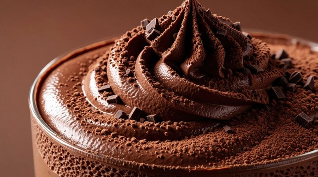 Rich chocolate mousse swirl topped with cocoa powder, dark chocolate chips. Creamy dessert served in glass cup. Decadent sweet treat for food lovers. Gourmet chocolate pudding texture looks