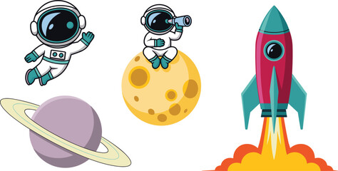 Cute Cartoon Outer Space Vector Set Featuring Astronaut Floating Spaceman Sitting on Moon with Telescope Rocket Launch and Saturn Planet Symbols © MdMostakin