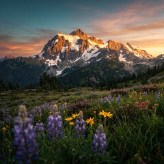 Obraz premium Glaciated Mountain Peak Above Wildflower Meadow at Sunset
