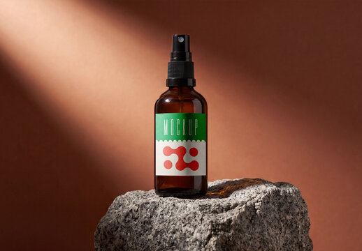Amber Glass Spray Bottle Mockup on Stone with Dramatic Lighting
