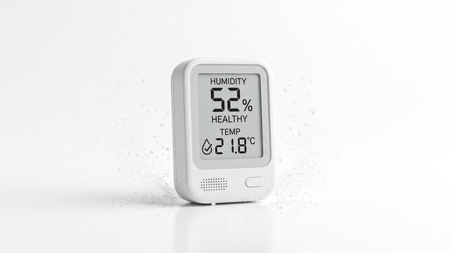 Digital humidity sensor on white background. Modern hygrometer measuring indoor air quality.