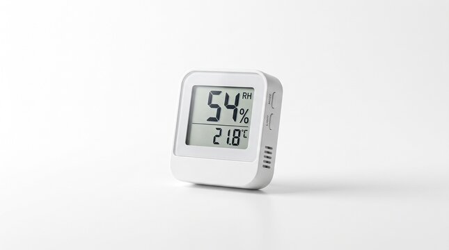 Digital humidity sensor on white background. Modern hygrometer measuring indoor climate.