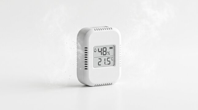 Digital humidity sensor on white background. Wireless hygrometer measuring air moisture levels.