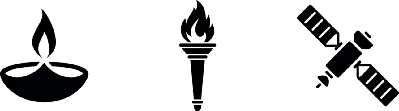 Traditional diya oil lamp flaming torch and space satellite black vector icons set