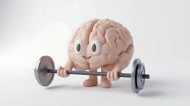 Cute Cartoon Brain Lifting Barbell For Fitness Concept Isolated On White Background