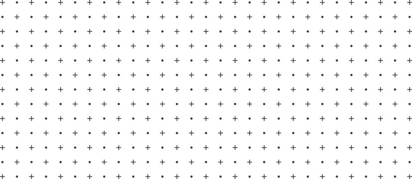 Seamless pattern of alternating dark gray plus signs and small dots on a white background, geometric grid texture