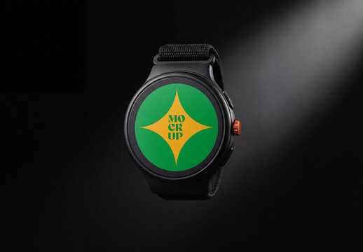 Round Smart Watch Mockup with Colorful Screen Design on Dark Background