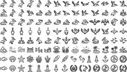 Outline Pelican and Shoreline Nature Line Icon Set with Standing Birds, Mangroves, Sea Feathers, Nautical Anchors, and Tropical Island Symbols for Editorial Design © RUBINA