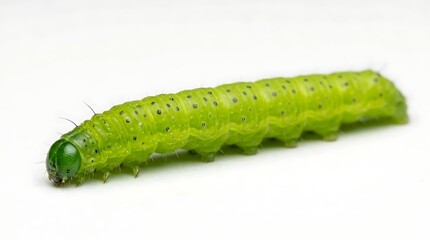 Obraz premium Close Up Green Caterpillar Isolated On White Background With Tiny Hairs And Spots For Nature Or Biology Use