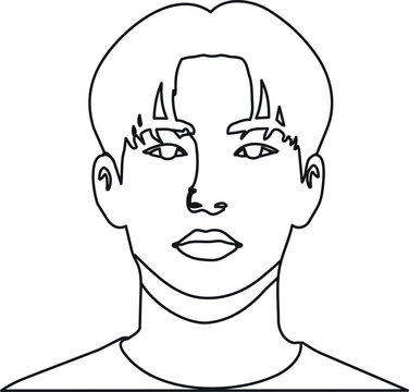 A minimalist black-and-white line art portrait depicts a young person with center-parted hair, a neutral expression, and a front-facing pos