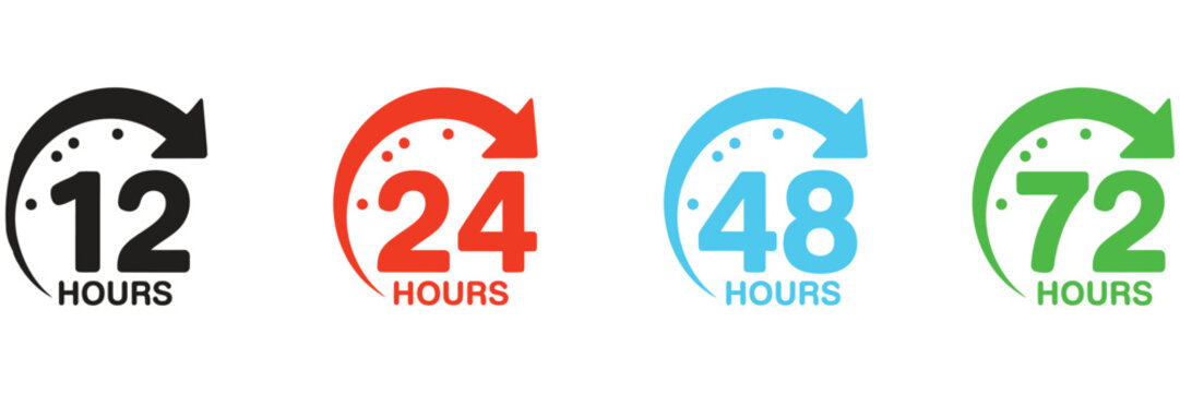Time Interval Countdown Vector Collection With 12 Hour, 24 Hour, 48 Hour And 72 Hour Timer Icons For Web And App Design.